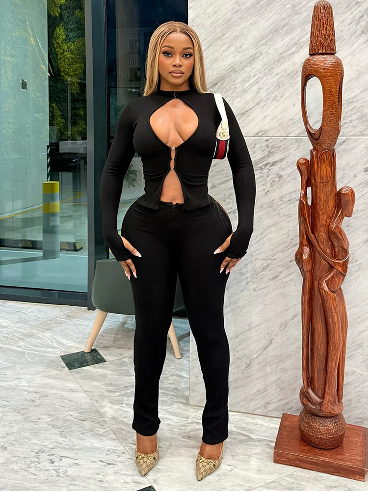 

Weird Puss Sexy Tracksuits 2-Piece Set Women Chest Hollow Long Sleeve Cardigan+Zip Pants Marching Simple Stretch Skinny Clubwear