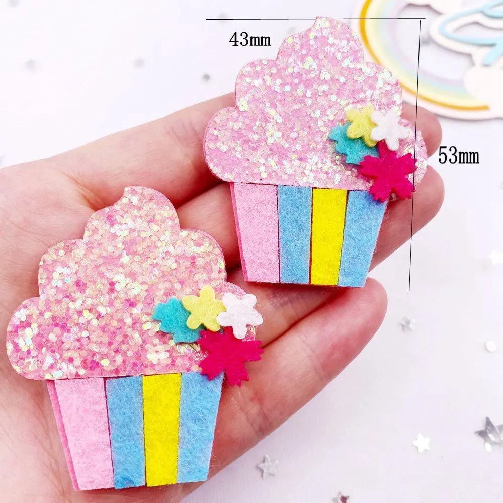 6pcs Felt Fabric Colorful Glitter Bepowder Cartoon Flower Big Ice Cream Patch  Applique Sewing DIY Hair Bow Craft Supplies XE750