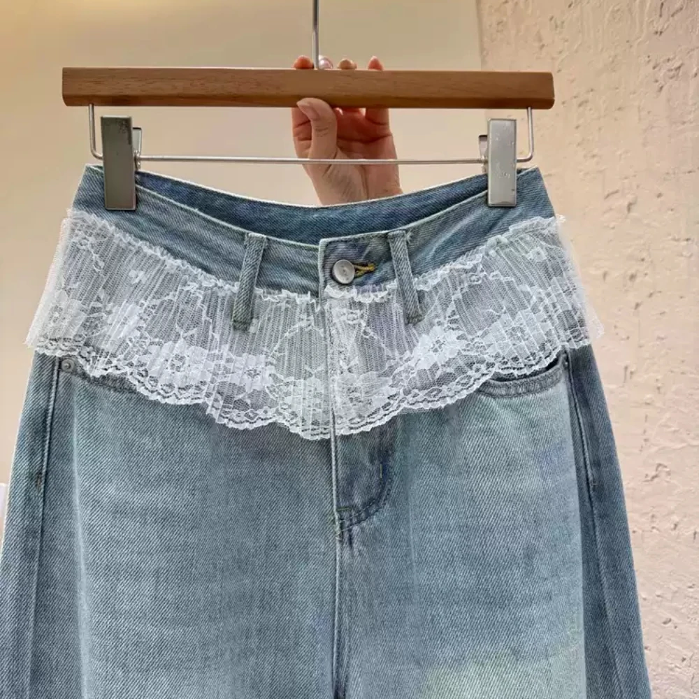 Dames kanten patchwork jeans lente zomer Koreaans ontworpen nep twee stukken hoge taille wijde pijpen rechte enkellange denim broek