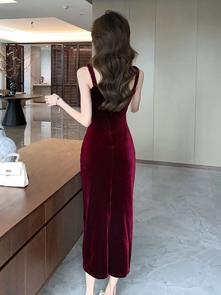 패션 레드 벨벳 플로럴 섹시 스트랩 드레스 여성 의류 슬림 이브닝 드레스 우아한 여성 패션 파티 프롬 드레스 로브 레트로