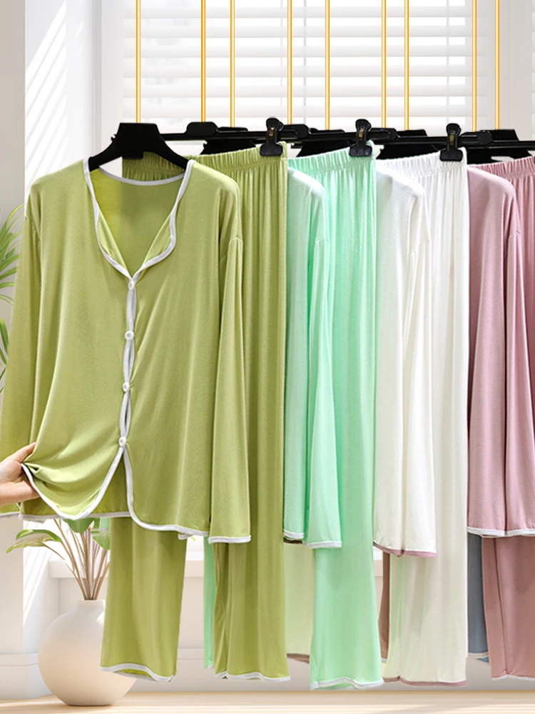 

Modal Casual Style Home Clothes Set Thin Long Sleeve Long Pants Collared Sleepwear Two Piece Set for Ladies Autumn Season