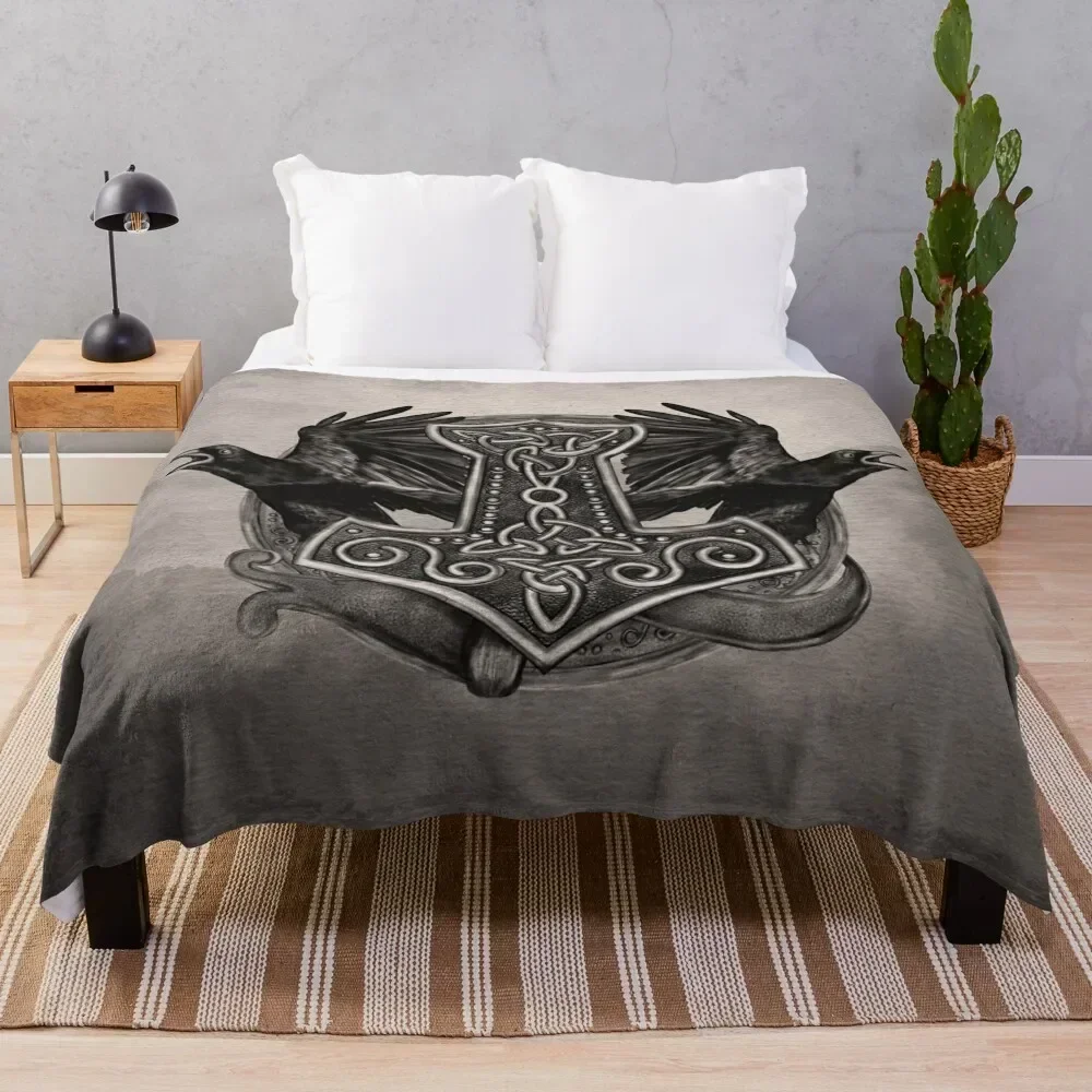 

Mjolnir The hammer of Thor and ravens Throw Blanket Retros Giant Sofa decorative Blankets