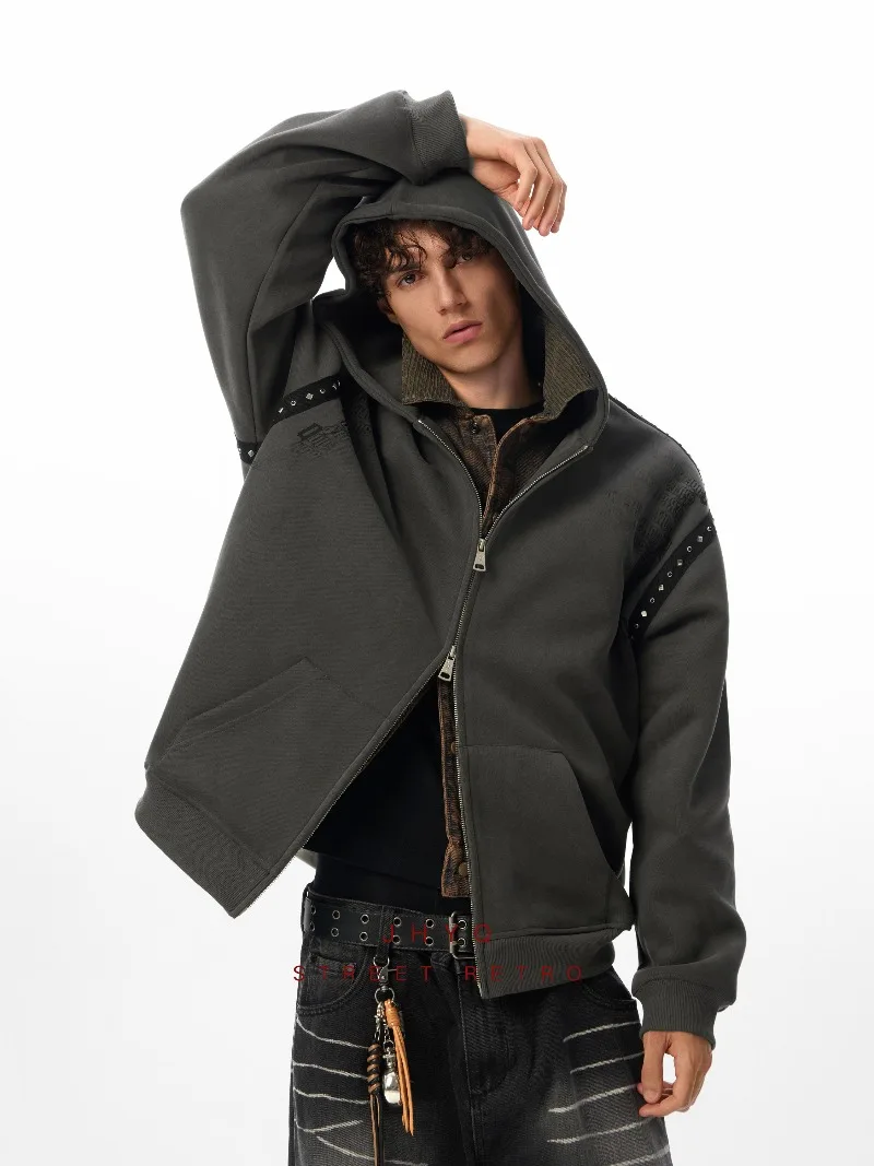 خريف جديد الأمريكية شارع العليا موضة الاتجاه الثقيلة برشام مقنعين سترة البلوز فضفاضة عادية تنوعا سترة للرجال