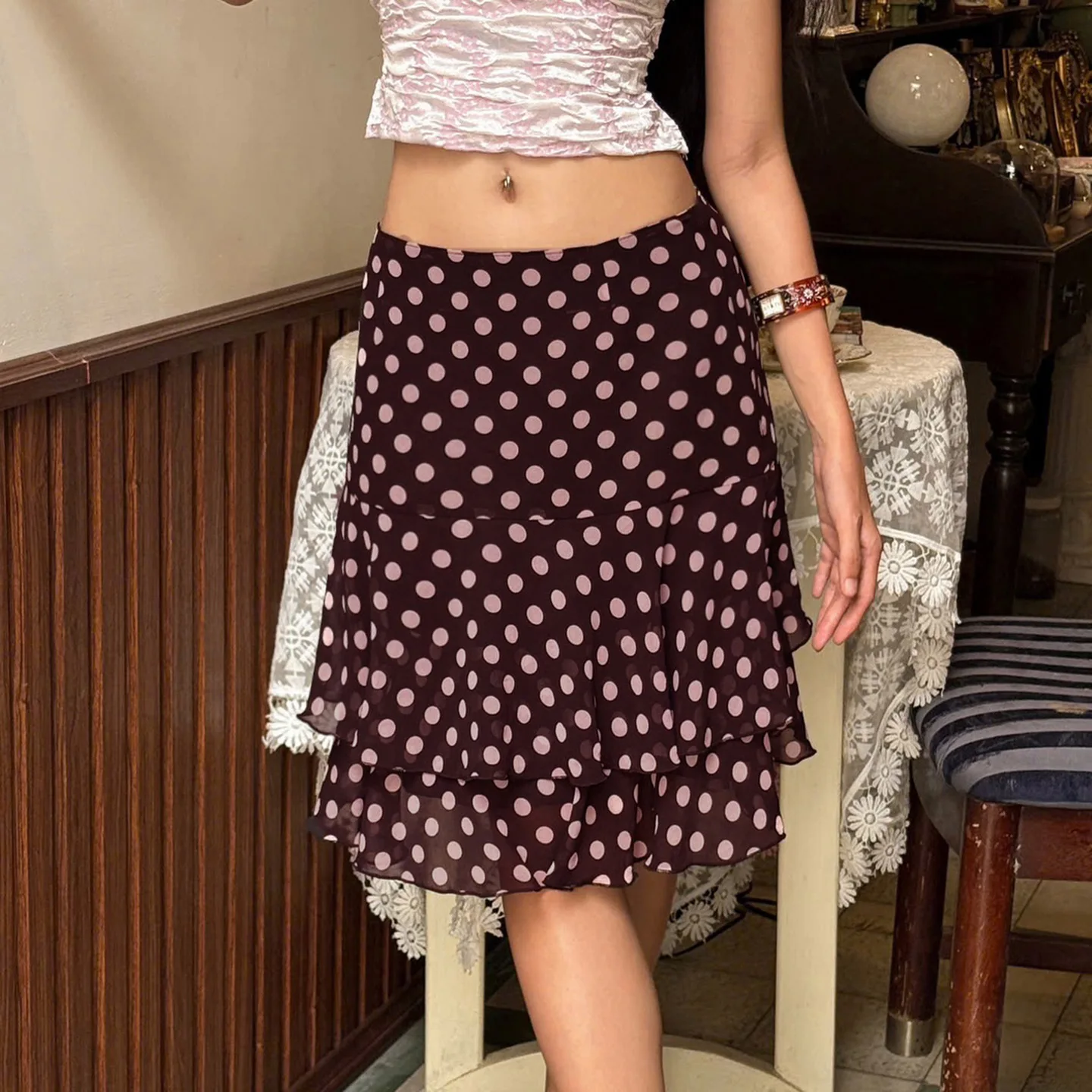 

Ретро юбка с рюшами и принтом в горошек, европейская и американская сексуальная юбка с заниженной талией, тонкая длинная юбка, женское платье