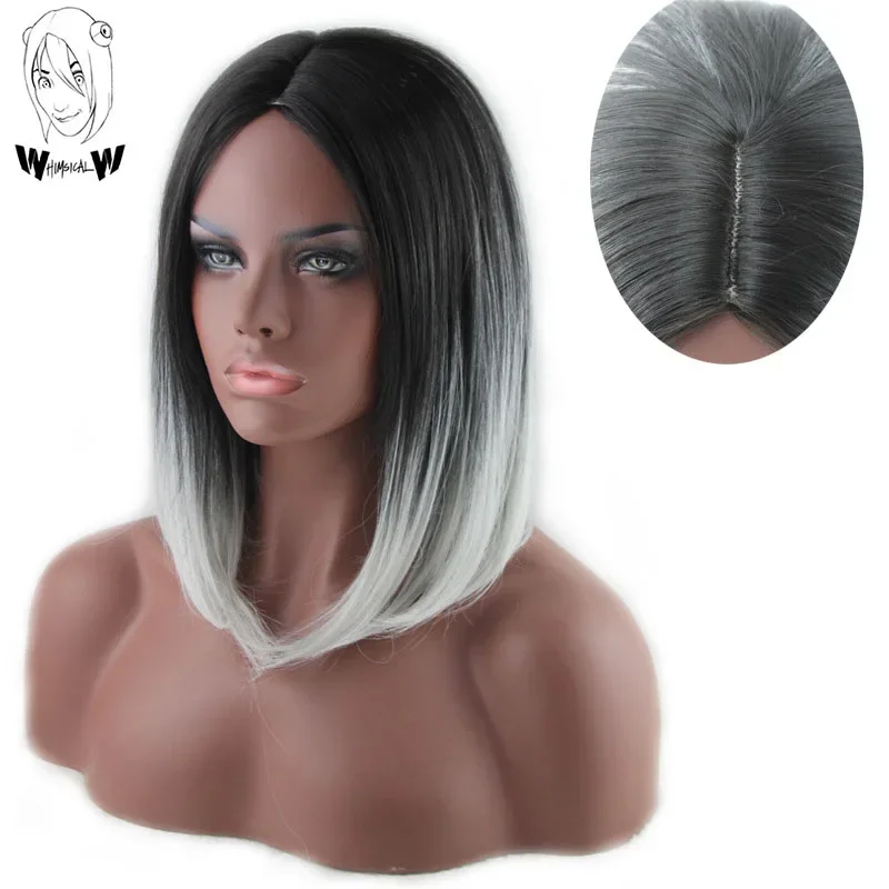 WHIMSICAL W Ombre Straight Bob Black Grey Synthetic Wig Shoulder Length Middle Part Cosplay Party Hair For Women Heat Resistant