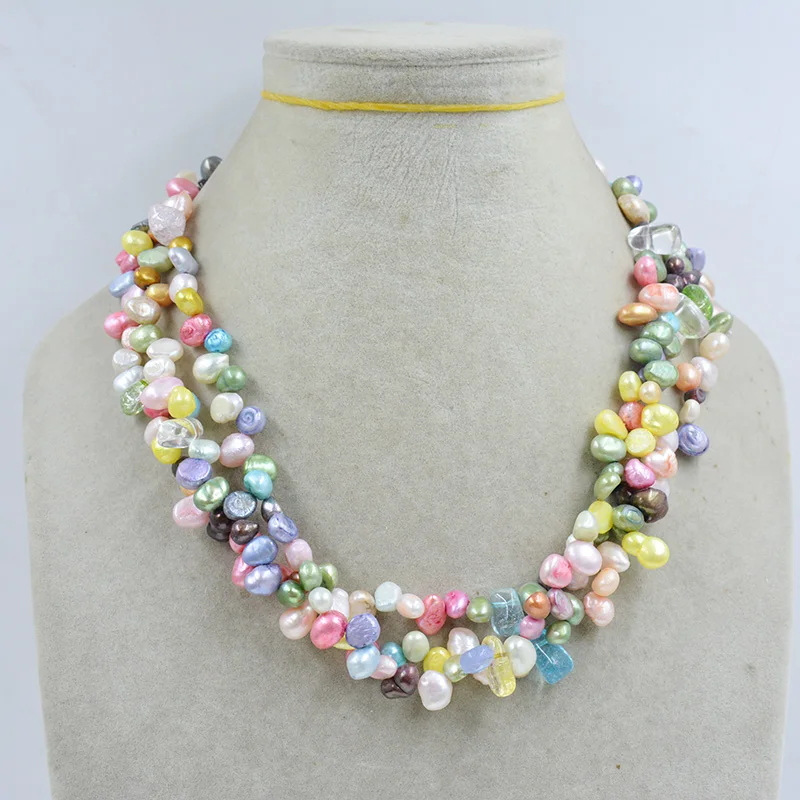 

3 strands of 7MM mixed color natural baroque pearl necklace. Women's party. Birthday. Gift Classic Jewelry 19”