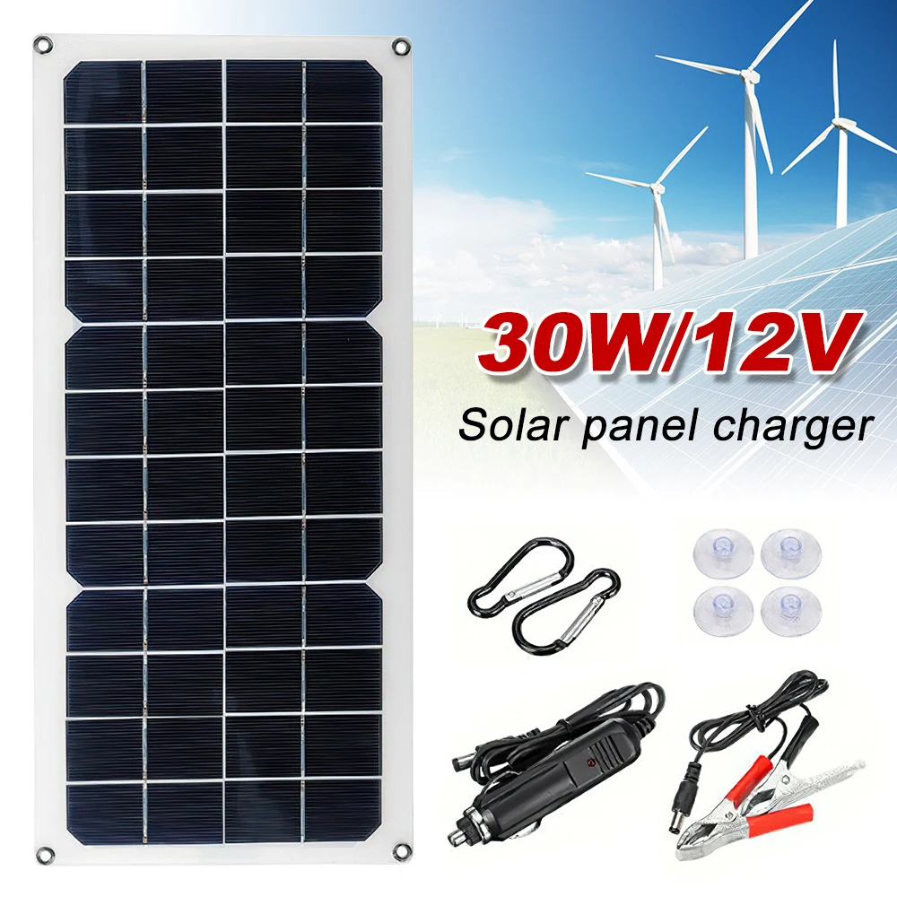 12V 30W Solar Panel Outdoor Portable Solar Plate Battery Trickle Charger for Car Van Boat Caravan Camper Hike Camping