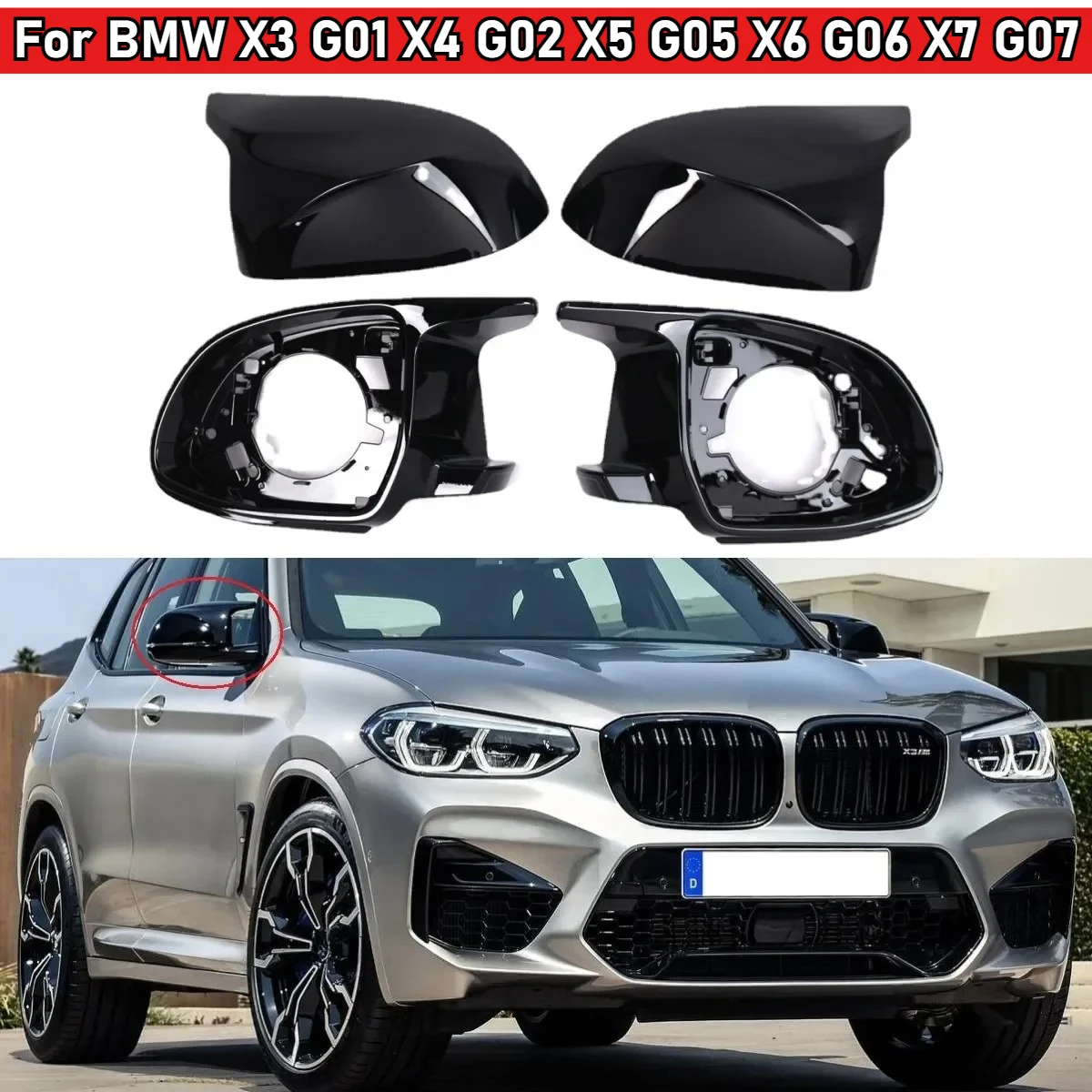 

4PCS Set Gloss Black Car Mirror Support Trim Ring & Mirror Cover Cap Assembly For BMW X3 G01 X4 G02 X5 G05 X6 G06 X7 G07