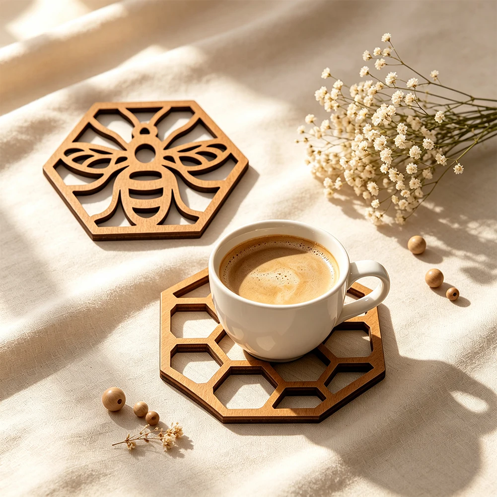 Geometric Hexagonal Solid Wood Coaster Openwork Bee Honeycomb Pattern Coffee Cup Insulated Base Home Desktop Decorative Ornament