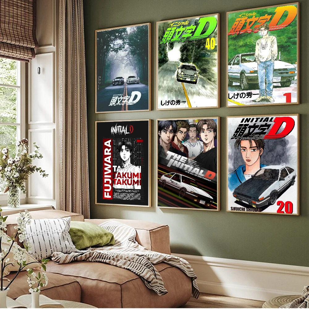 Japanese Racing Anime Initial D Vintage Posters Sticky Retro Kraft Paper Sticker DIY Room Bar Cafe Stickers Wall Painting