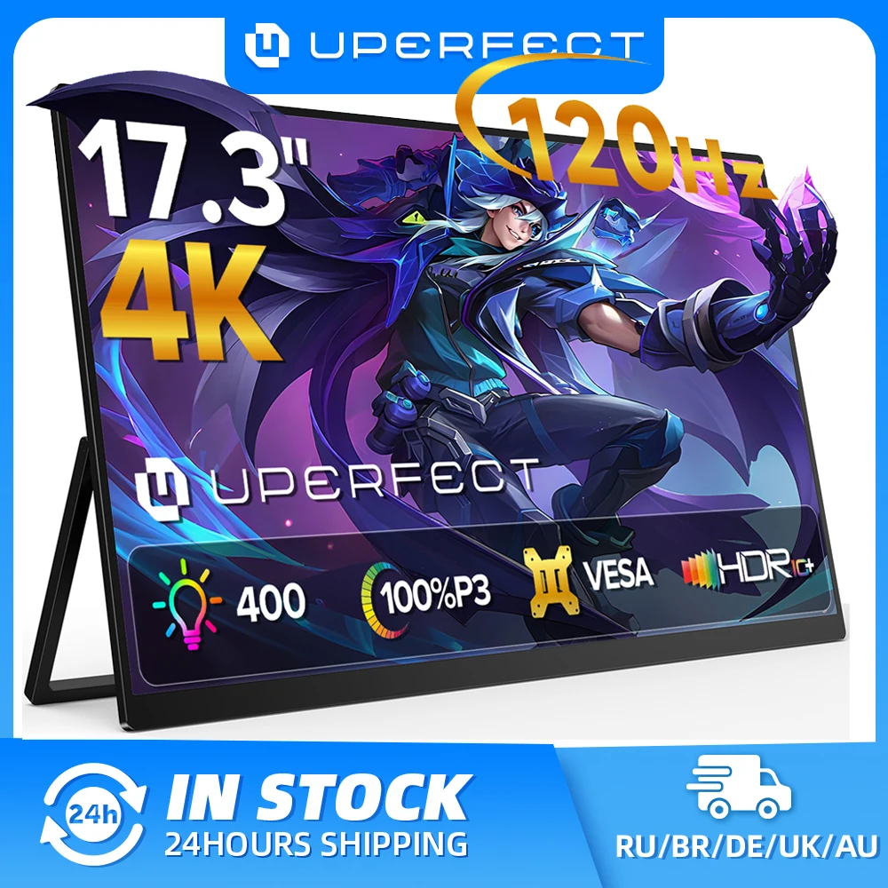 UPERFECT 17.3" 4K Portable Monitor 400Nits 100%DCI-P3 1MS FreeSync 120Hz Gaming Display with Type C Mini HDMI For Lapto PC Phone