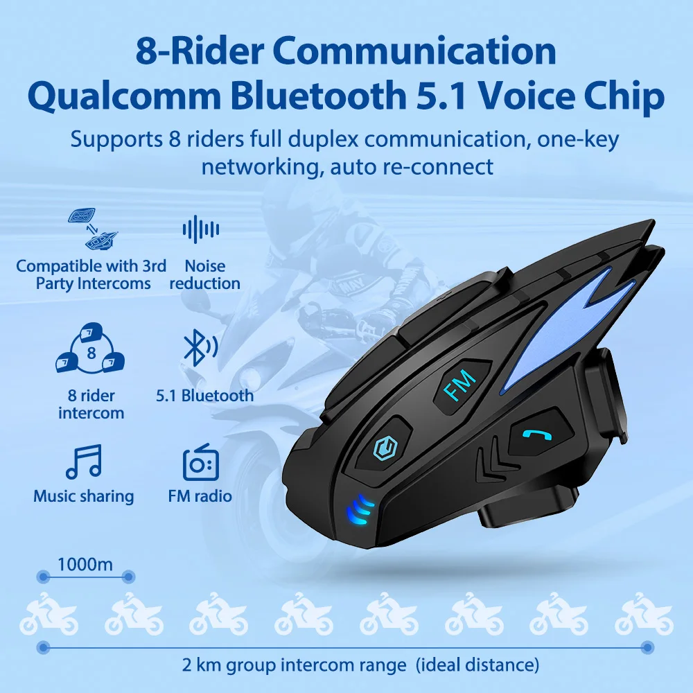 Motorcycle Helmet Intercom Headset Shark Pro BT 5.1 Full Duplex With DSP CVC Noise Reduction 8Riders 2KM Interphone Communicator