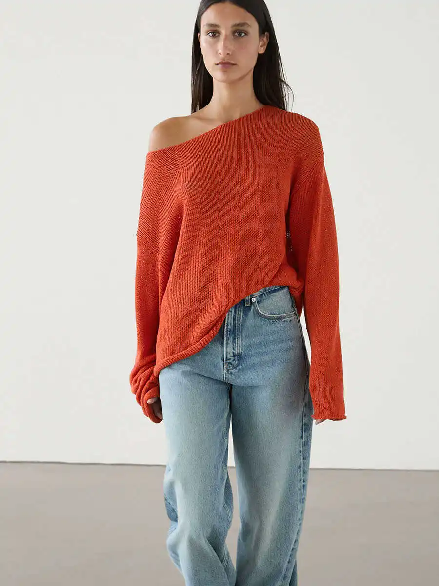 Ethereal Traf Md 2026 YAZHIMEI autumn new style of Women's red casual lazy wind relaxed light boat collar long-sleeved sweater