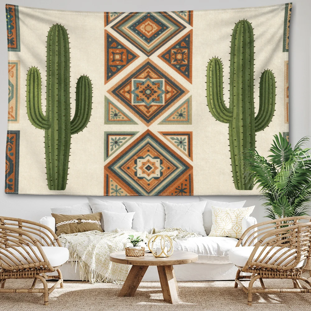 Cream Cactus Ethnic Geometric Printed Tapestry Wall Hanging Bohemian Style Bedroom Home Decor