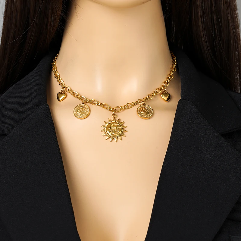 EILIECK 316L Edelstahl Vintage Münzen-Sonnen-Anhänger Halskette Armband Set 18K Vergoldet Choker Damen Halskette Bijoux Femme – Detail 10