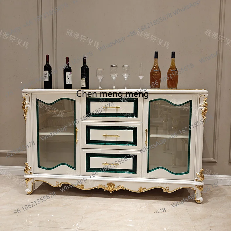 European style solid wood carved sideboard storage display cabinet ivory white gilded gold leaf glass wine cabinet