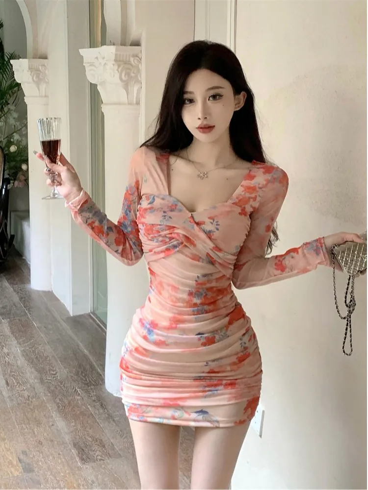 

Pure Desire adient Print Long Sve V-Ne Dr Women's Autumn Waist Cinching Slimming Me Wrap around ort Skirt