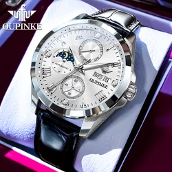 OUPINKE 3300 TOP Brand Men's Watches Classic Leather Strap Chronograph Moon Phase Waterproof Automatic Mechanical Watches Trend