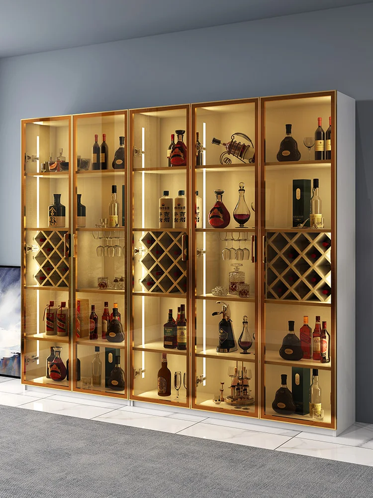 Living room wall glass with induction lamp red wine lattice display multi-functional solid wood wine cabinet