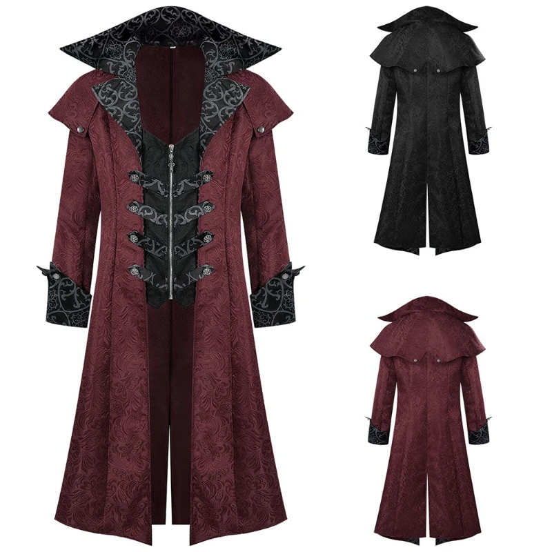 

2026 Burgundy Medieval Jacquard Trench Coat for Men,Vintage Gothic Dark Men's Jacket ,Halloween Cosplay Performance Costume Men