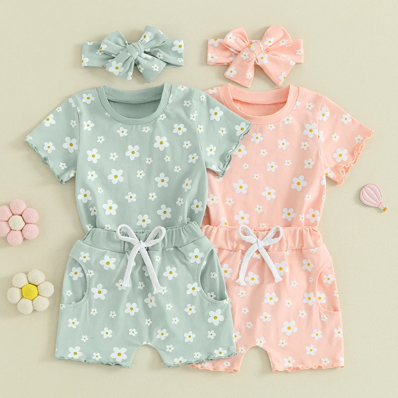 

2024-01-13 Lioraitiin 0-3Y Toddler Baby Girl Summer Clothes Daisy Floral Short Sleeve T-shirt Shorts Set Infant 3Pcs Outfits