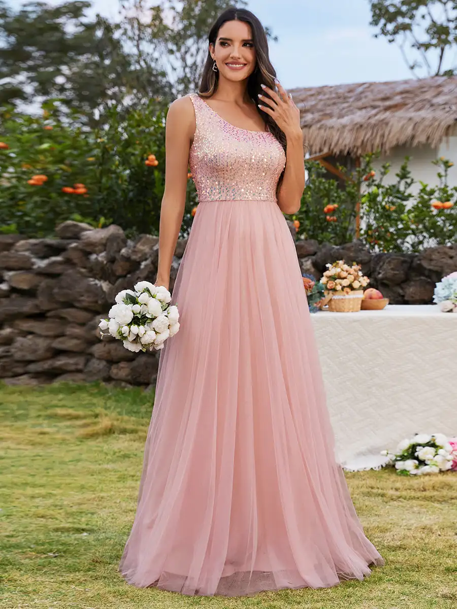 

Elegant Evening Dresses Maxi Long Sequin One Shoulder Tulle Sleeveless 2025 Ever Pretty of Pink Bridesmaid dress