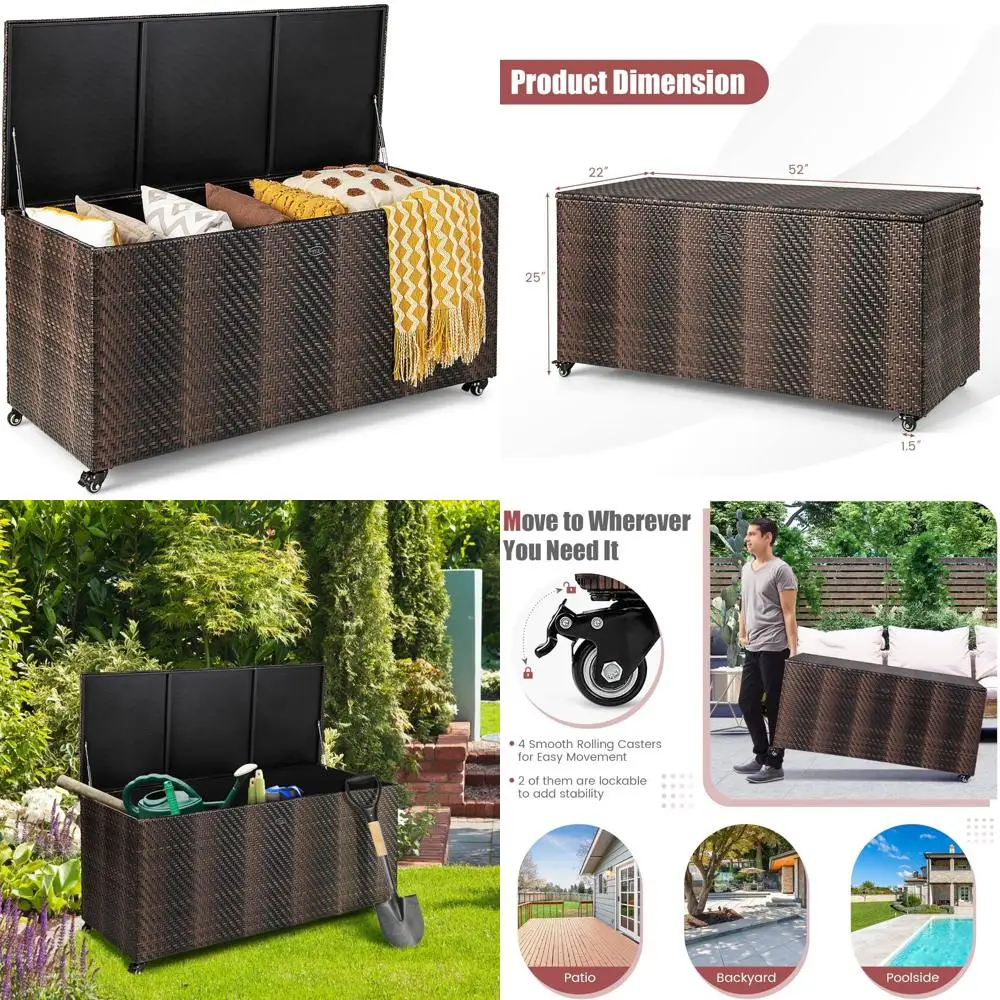 

Outdoor Rectangular PE Wicker Storage Box with 4 Wheels, 96 Gallon Waterproof Deck Container for Outdoor Essentials