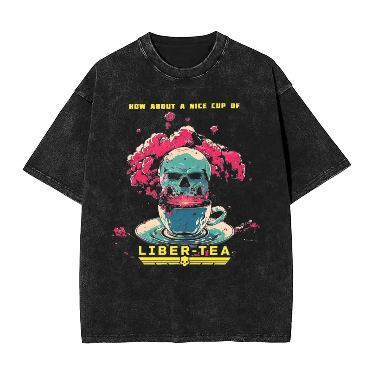 Liber Tea Helldivers II T Shirts Washed Short Sleeve High Street T-Shirts Action Adventures Men Women Tops Streetwear Tee Shirt