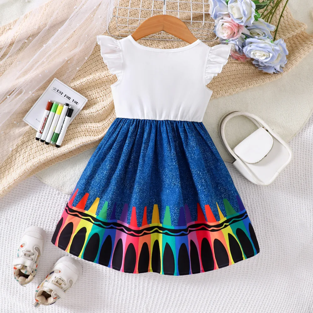 2025 New Arrival Girls Sleeveless O Neck Ruffles Print Patchwork Blue Cute Holiday Night Party Princess Dress Custume 2-7T