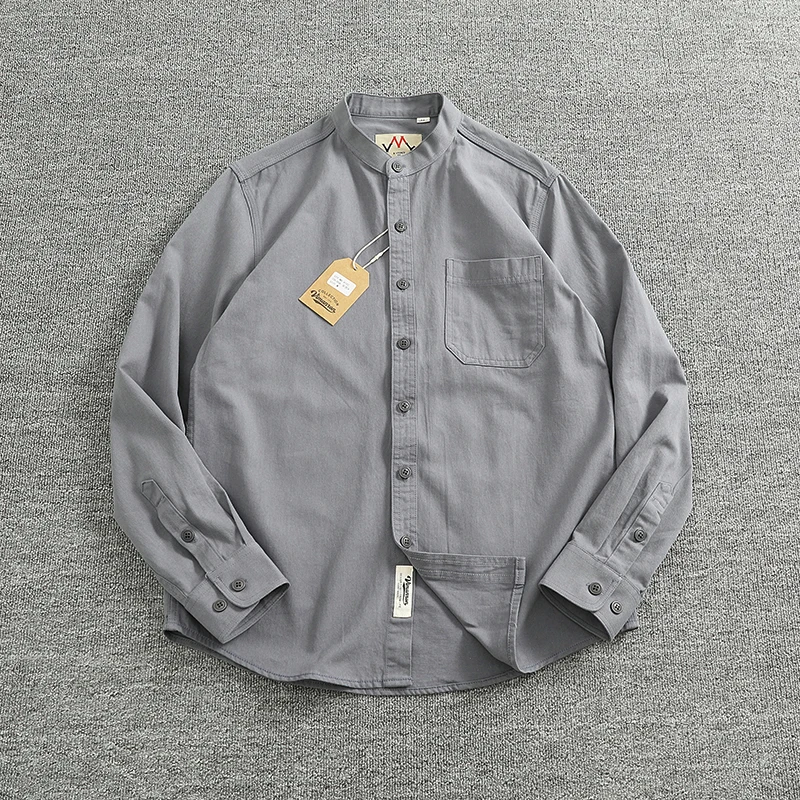 2024 Autumn New American Retro Long Sleeve Stand Collar Solid Color Shirt Men\'s Simple 100% Cotton Washed Pocket Casual Blouses