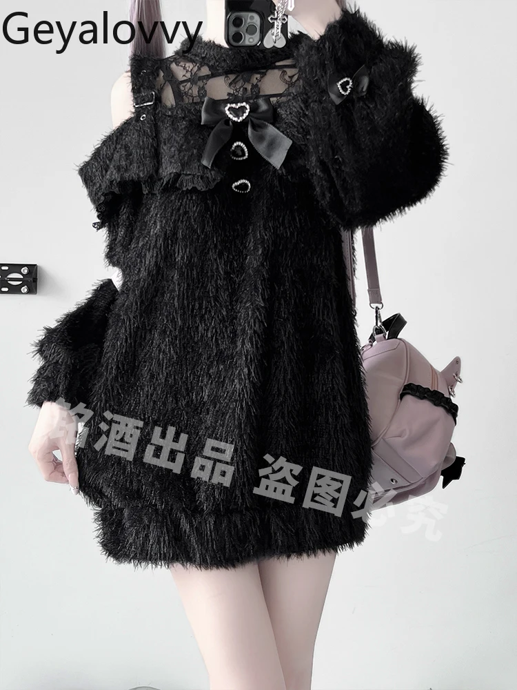 Japanese Y2K Subculture Mass-Produced Hollow Out Off-Shoulder Lace Trim Knitted Pullover Spring Autumn Long Solid Color Sweater