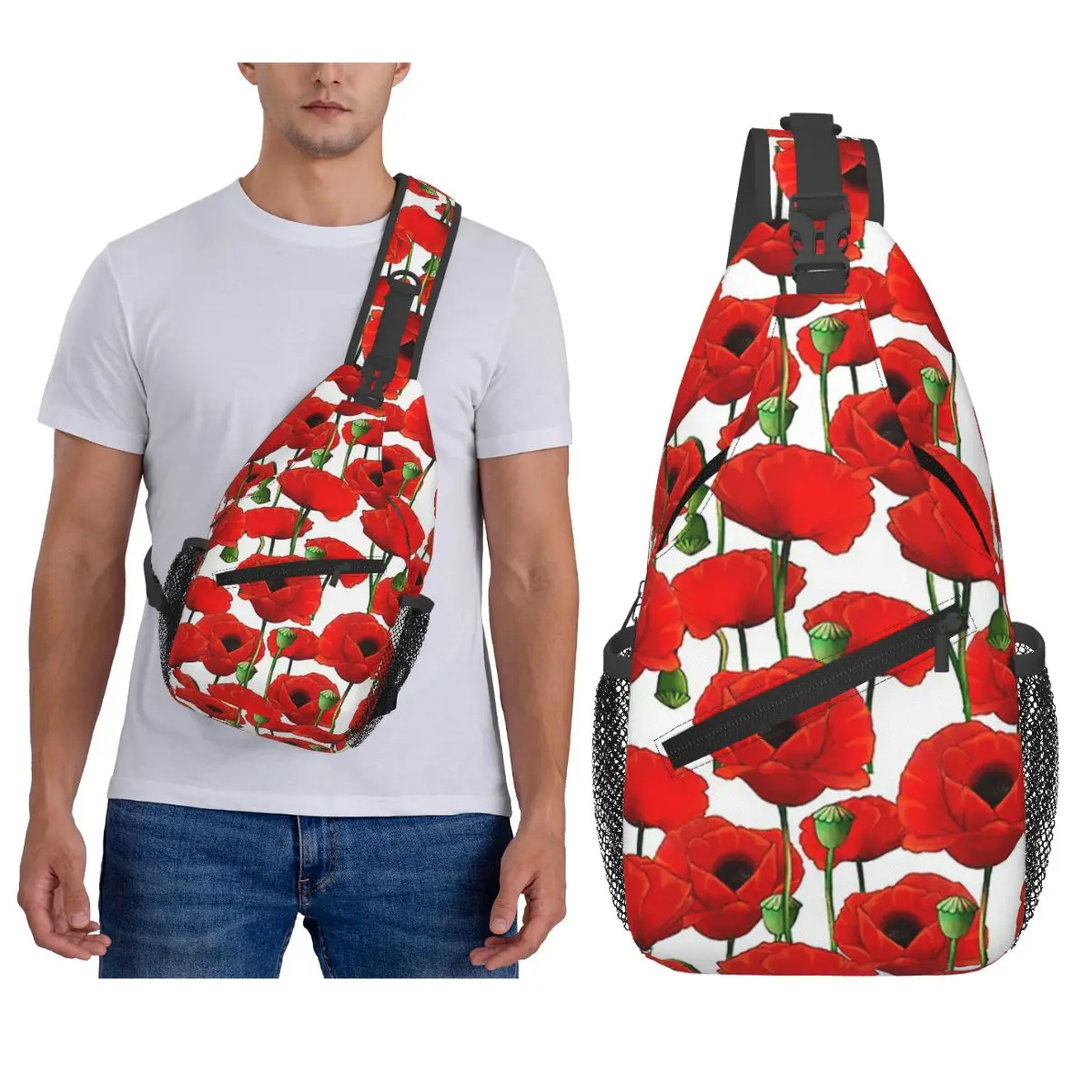 Poppy Pattern Chest Bag Men Sling Crossbody Backpack Chest Bag Traveling Hiking Daypack Shoulder Bag