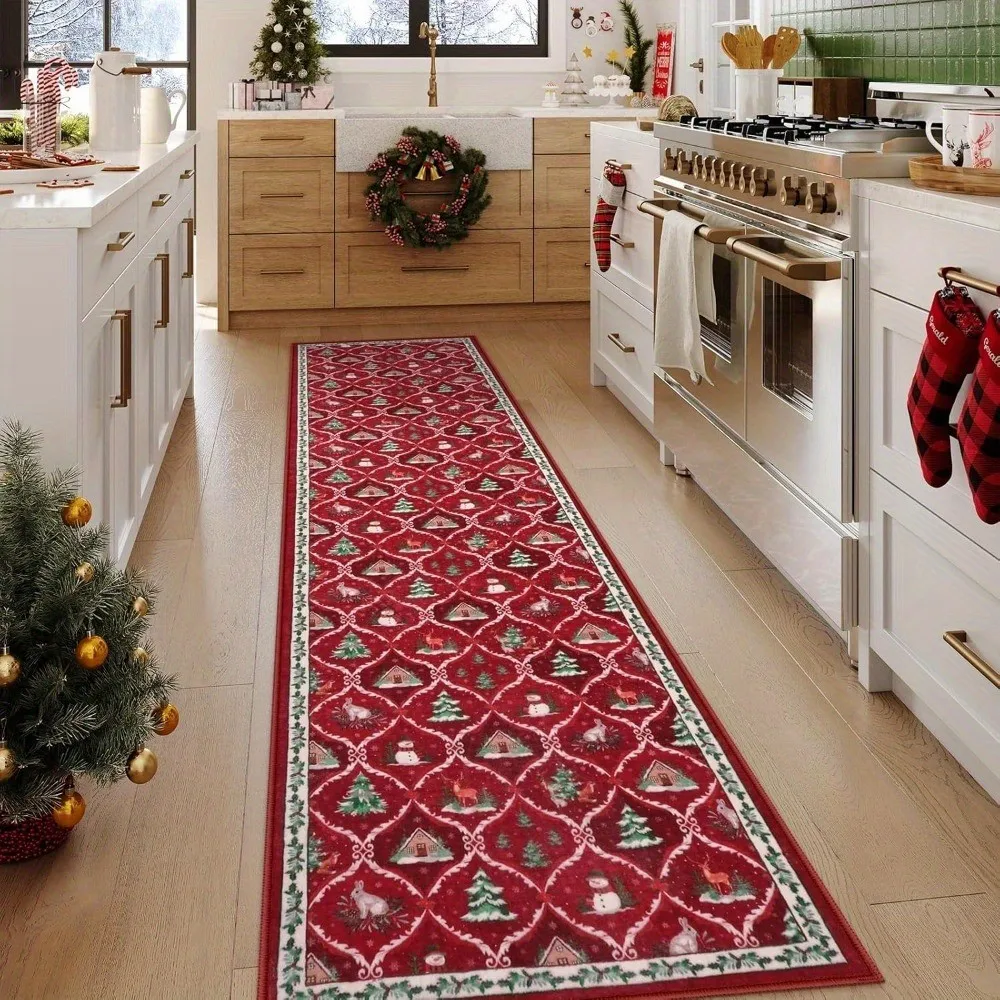 Hallway Runner Rug Red Reindeer Carpet Long Corridor Entrance Floor Mat NonSlip Fair Isle Christmas Knit Pattern Mat