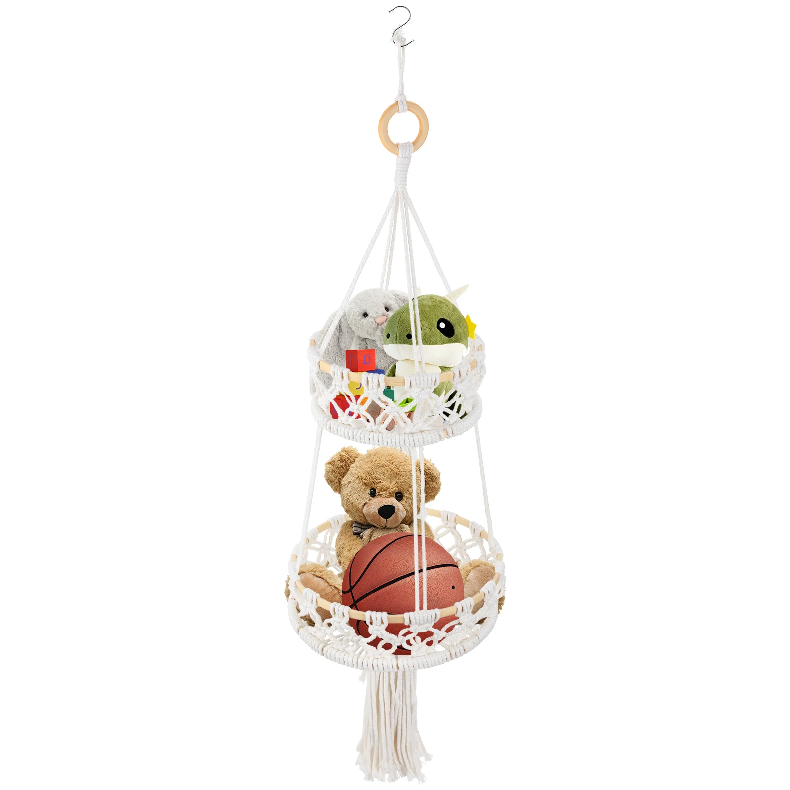 

1pc Cotton Rope Woven Hanging Storage Basket Double Layer Household Basket Beige Decorative Organizer For Home Bedroom Hotel