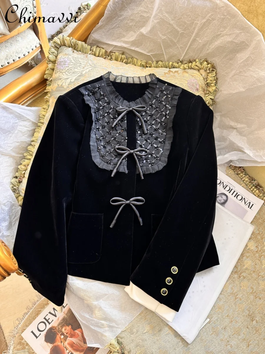 

2023 Autumn and Winter High-End Velvet Heavy Industry Beads Coat French Fashion Retro Graceful Bow Long Sleeve Elegant Jackets