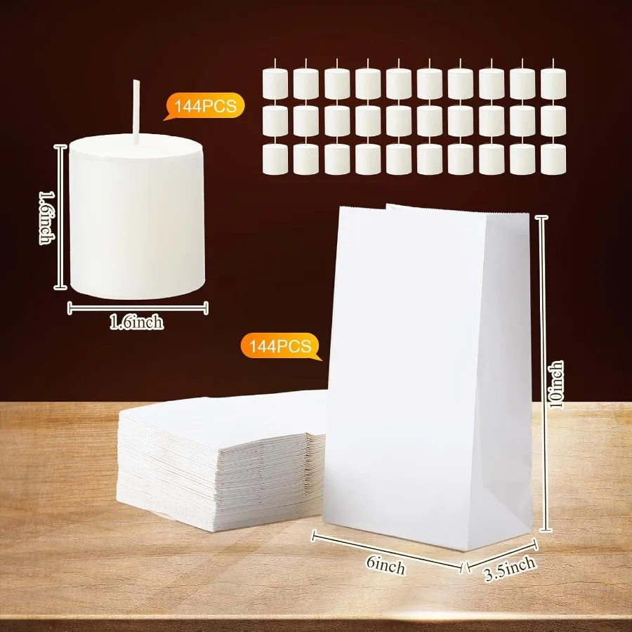 144 Sets White Luminary Bags with Unscented Candles Paper Candle Bags for Wedding Christmas Holiday Party Decorations Bulk Whit