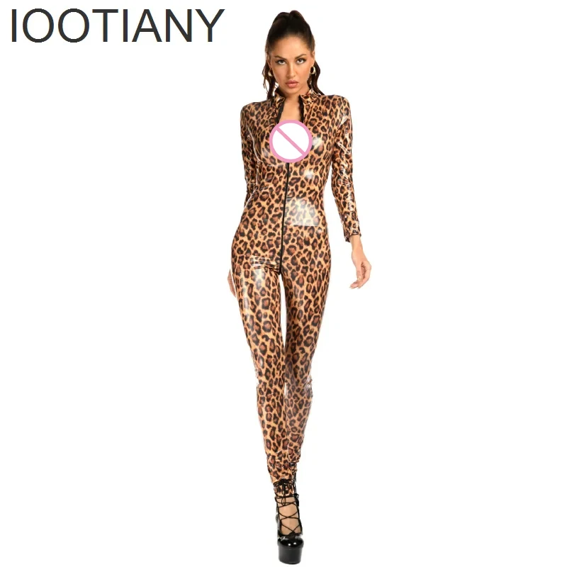 IOOTIANY Sexy Leopard Bodysuit Wet Look Faux Leather Catsuit Hot Erotic Women Zipper Open Crotch Jumpsuit Mistress Sex Costumes