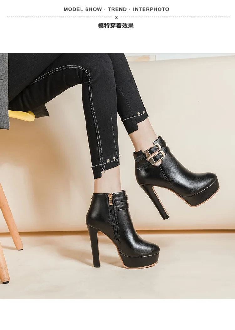 Autumn Winter Women\'s Ankle Boots 12.5cm Super High Heel Black Leather Boots Thick Heel Fashion Belt Buckle Platform Shoes