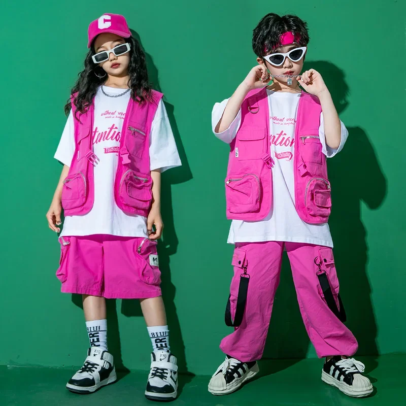 New Jazz Dance Costume Kids Hip Hop Clothing White Short Short T Shirt Pink Vest Pants Teen Modern Dance Performance Stage Wear