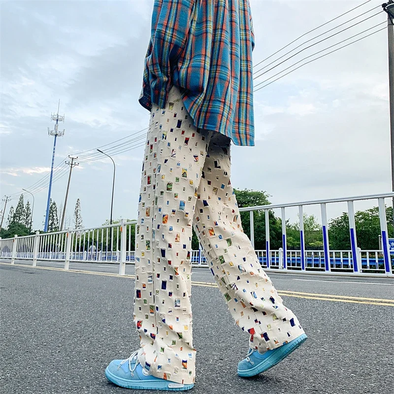 Pop Cotton Casual Pants Men Fashion Colored Plaid Pants Men Streetwear Hip-hop Loose Hollow Out Pants Mens Hole Trousers M-3XL