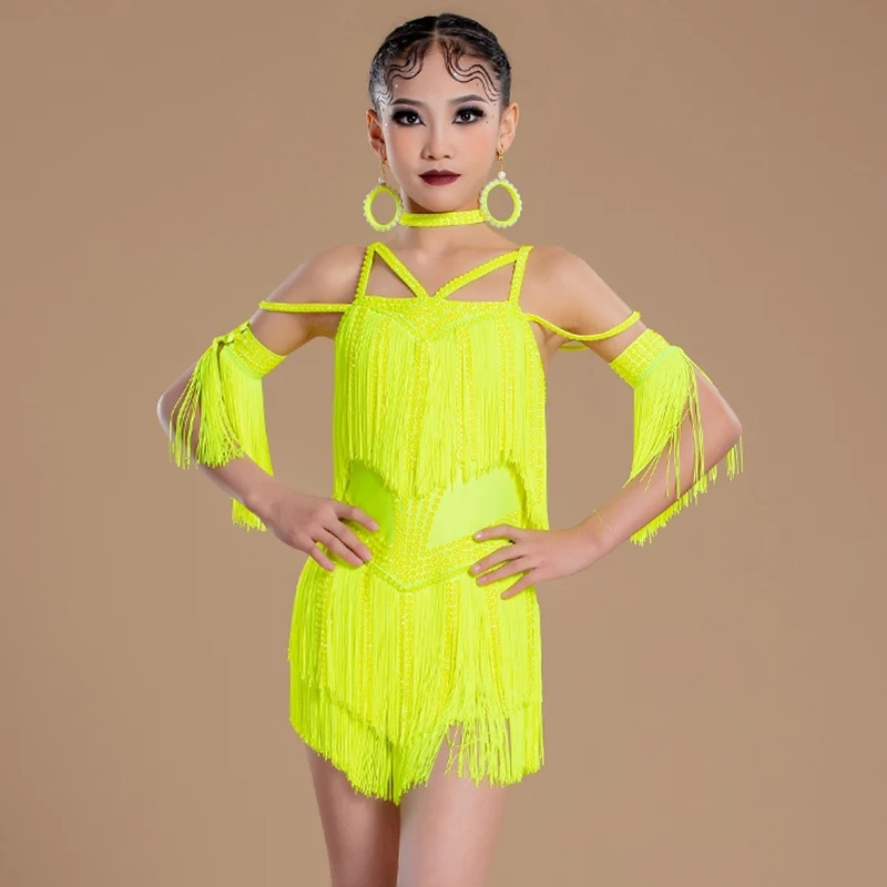 Fluorescent Yellow Latin Dress Girls Summer Fringe Dancing Dress Kids Professional Competition Costume Samba ChaCha Clothes 2646