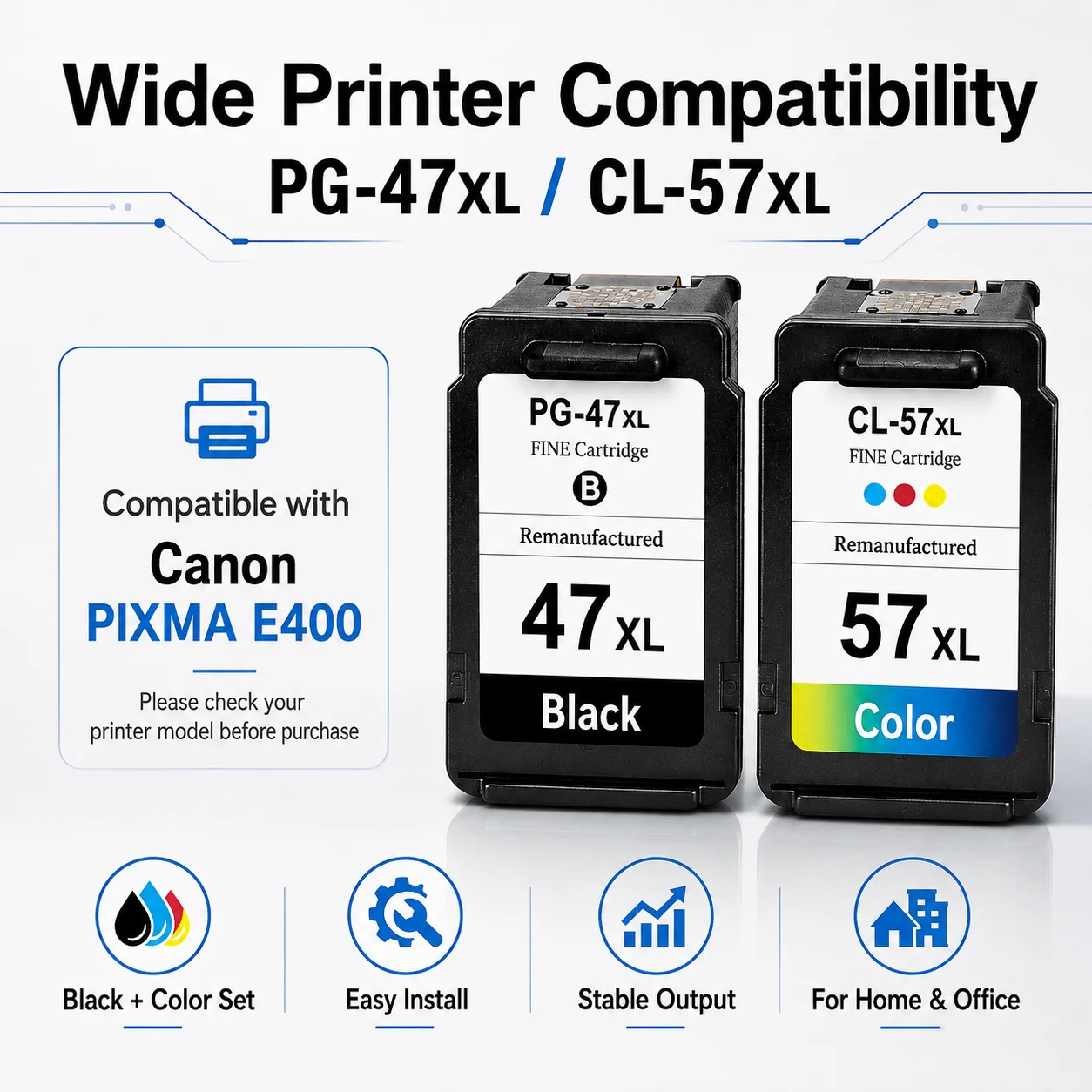 PG-47XL CL-57XL Compatible Ink Cartridge Set for Canon PIXMA E400 Printer, Black Color Combo High Yield