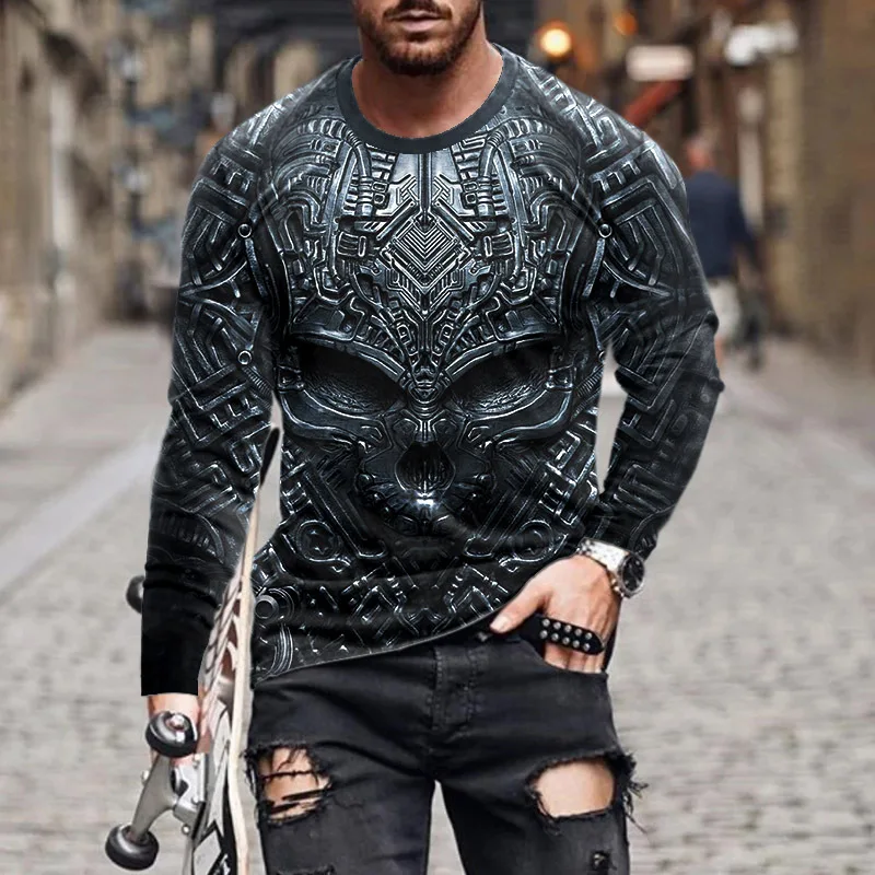 Fashion New Men's T-shirt 3D Flame Skull Print Graphic t shirts Long Sleeve Round Neck Men's Clothing Street Trend y2k tops