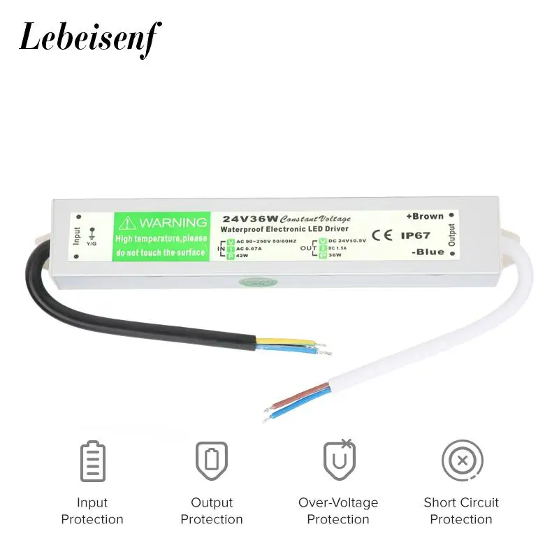 

90-250V AC to DC 24V 36W 1.5A Lighting Transformer LED Drive Adapter Aluminum IP67 Outdoor Waterproof Switching Power Supply