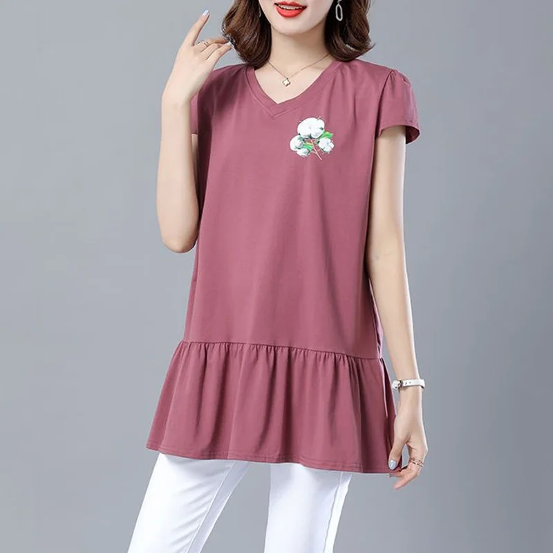 

2023 New Summer Fashion Trend V-neck Print Casual Loose and Comfortable Solid Color Long Covered Buttocks Oversize T-shirt