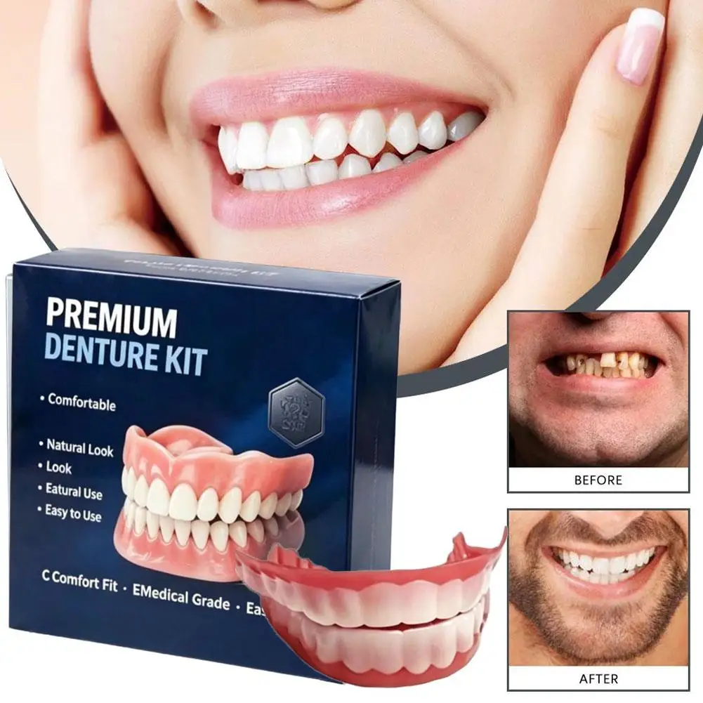 Natural-Looking Silicone Full Denture Set Upper & Lower Natural Ivory False Teeth Kit Soft Comfortable Fit for Men & Women 1pc