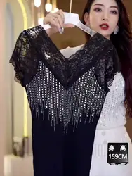 Black Lace Splice Knitted Vest Sexy Strapless Ice Silk Short Sleeve Top Heavy Embellished Summer New Arrival Women's Fashion