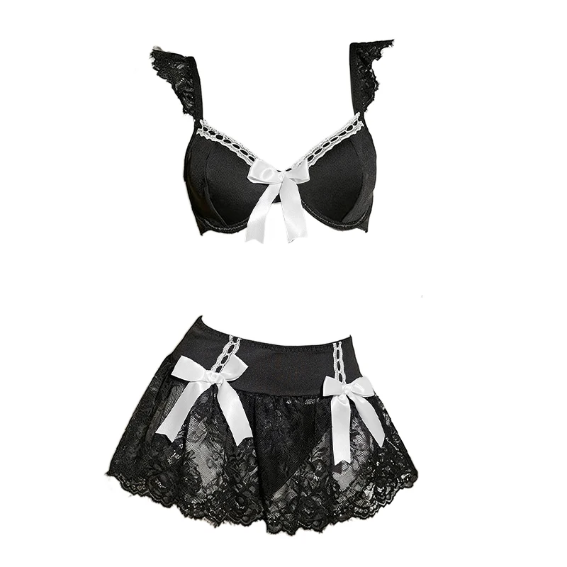 

2Pcs Bow Tassel Cosplay Maid Sexy Lingerie Set – Women's Bra Set With G-String Underwear, Intimate Roleplay Apparel