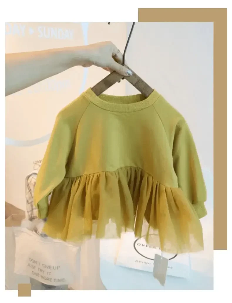 Sweatshirts O-neck Collar A-line Lace Pullover Cotton Solid Soft Simple Clean Fashion Casual Comfortable Autumn Girls Kids