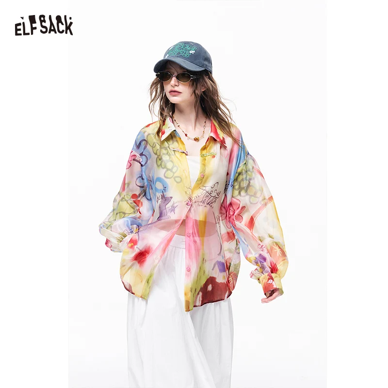 

ELFSACK Watercolor Print Sheer Shirt, Frog Button Long Sleeve Blouse, Casual Artistic Boho Top for Women